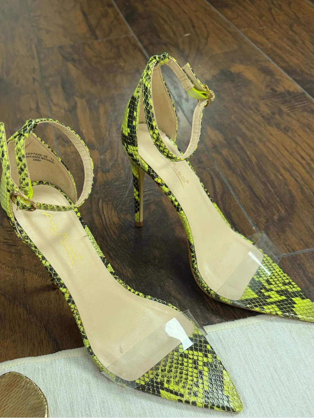 Anne Michelle Neon Green Snake-Print Clear Strap Stiletto Heels